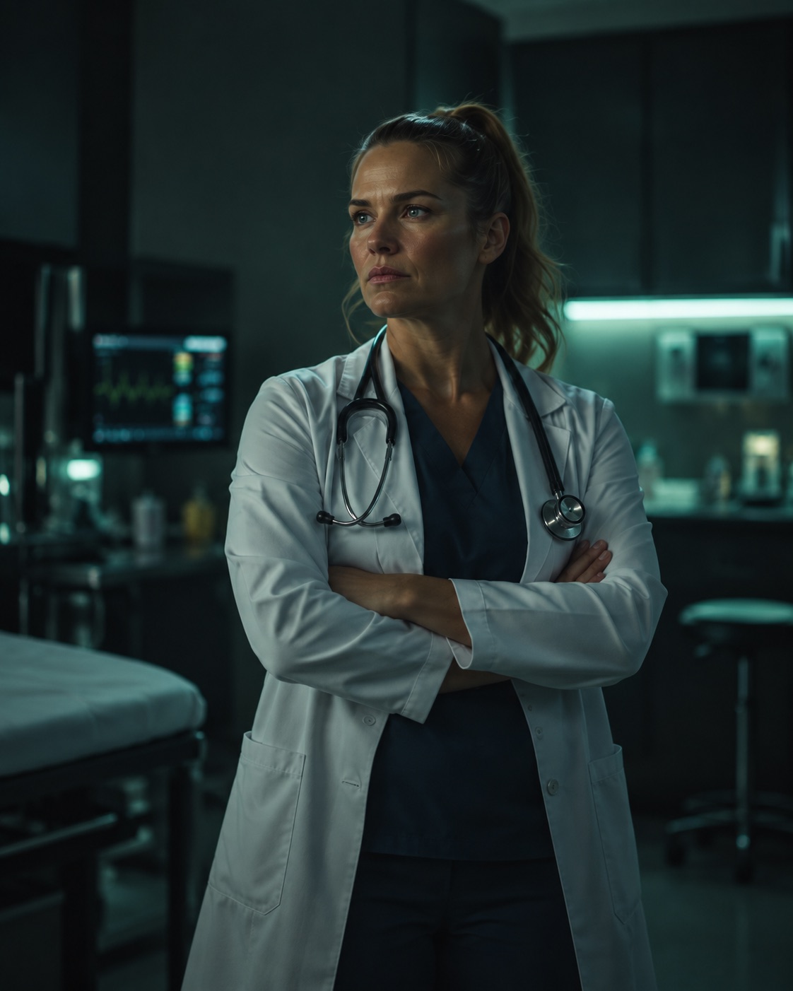 Medical provider in a white coat in an exam room